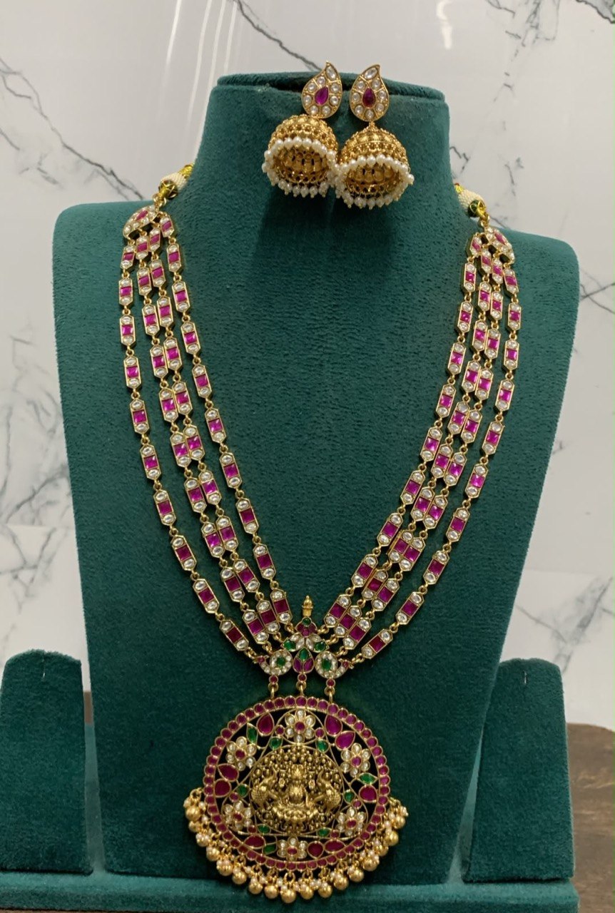 High Quality Temple Haram with Round Lakshmi Devi Pendant - KH00436