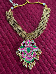 Jadau Stone Gandaberunda Pendant With back Hook and Jaali chain - KN00684