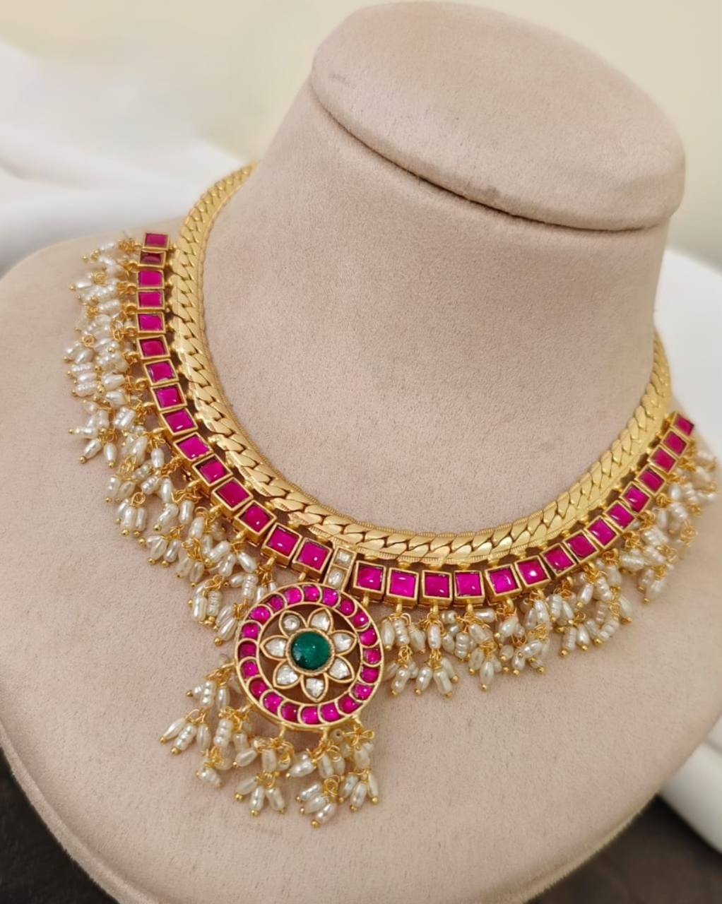 Ruby Rice Pearl Flower Jadau Kundan Necklace - KN0056