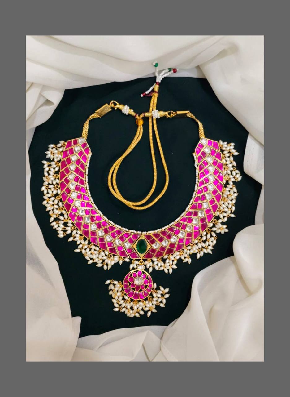 Beautiful Ruby Kundan Necklace with Rice pearls - KN00184