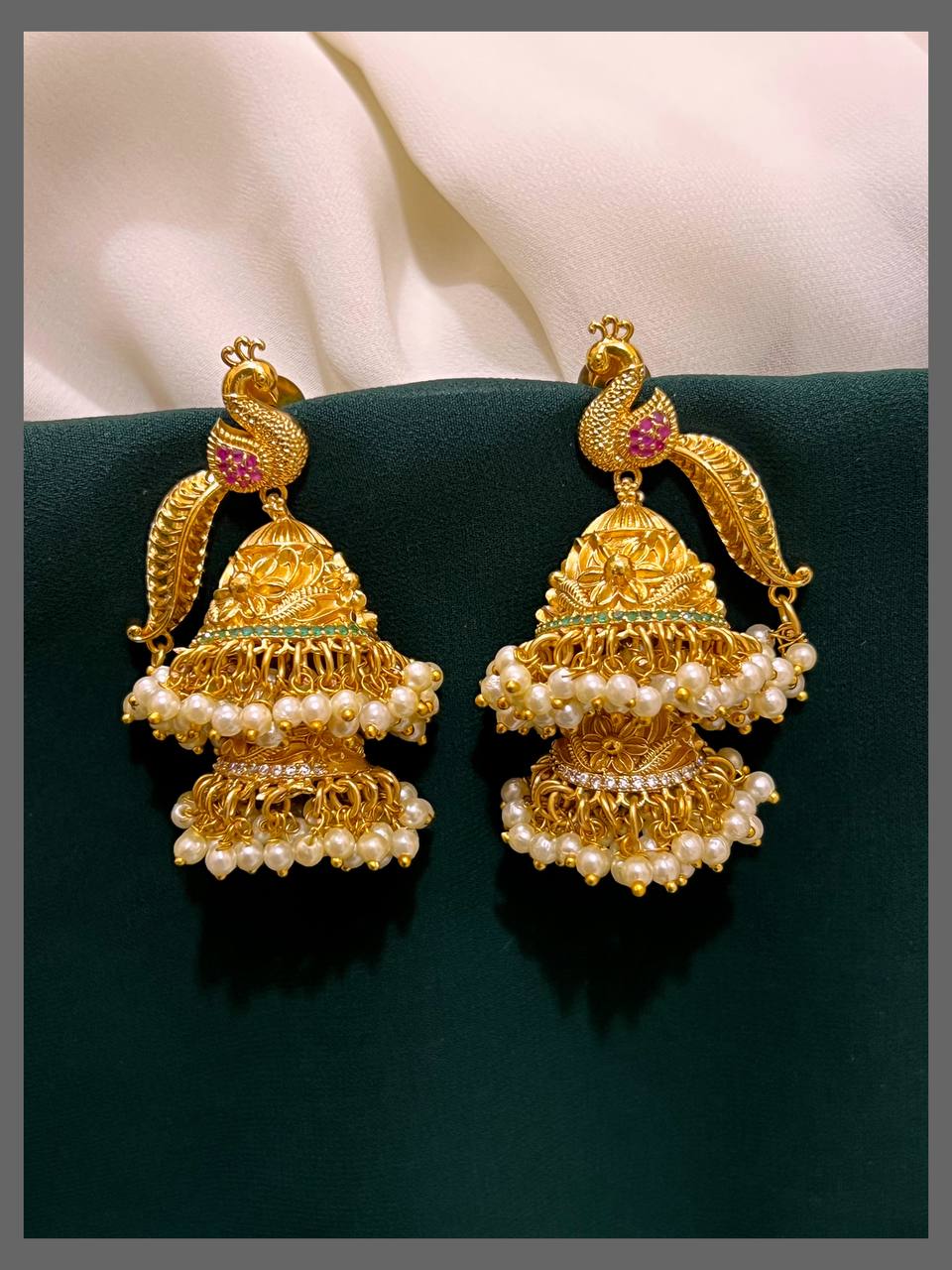 Beautiful Peacock Double Jhumki In Nakshi - NE00365