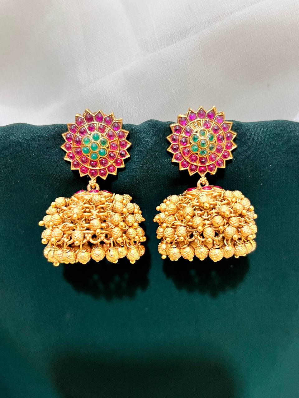 Kempu Flower Jhumki In Nakshi - NE00468