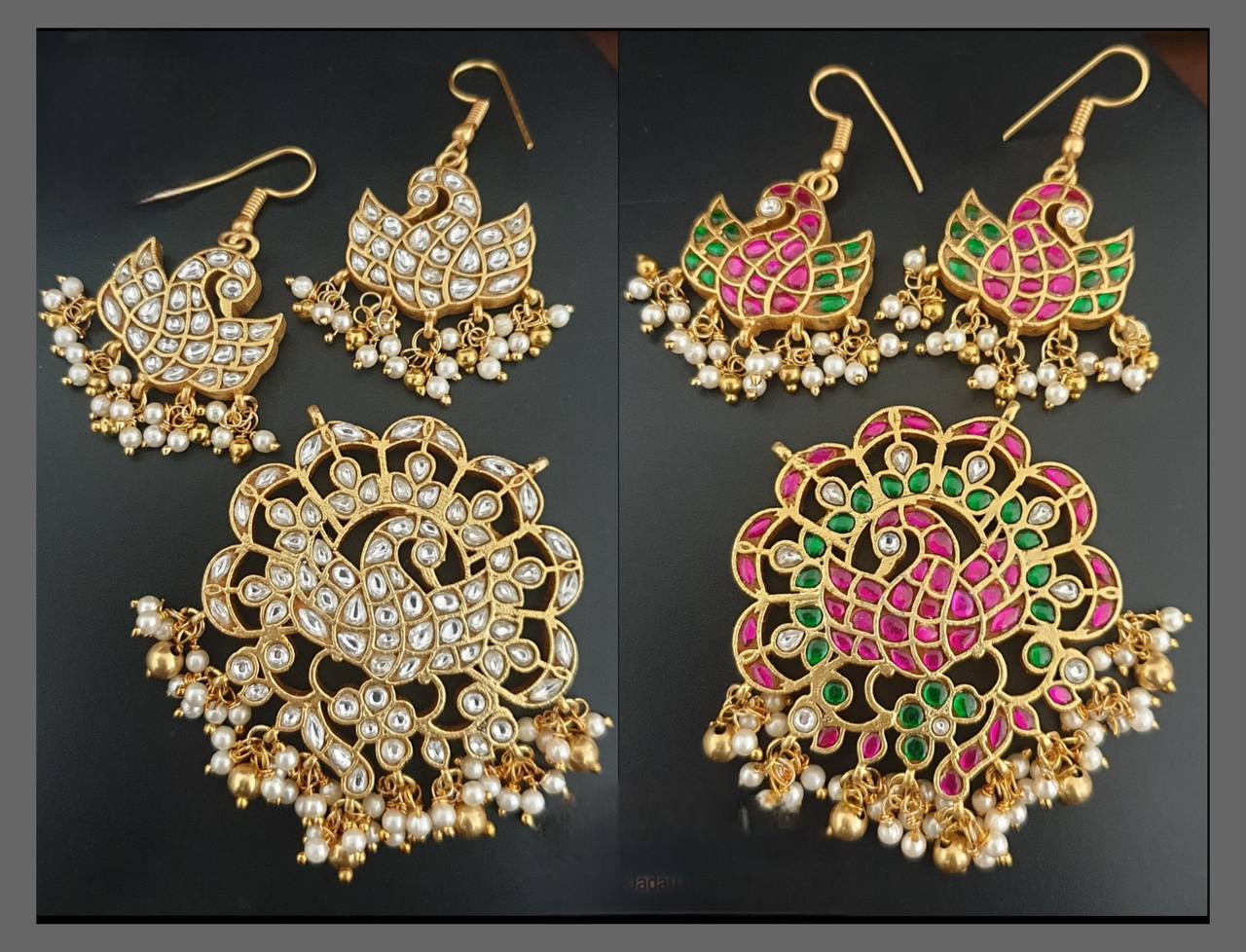 Double side Peacock Pendent and earring in Kundan - KP00156