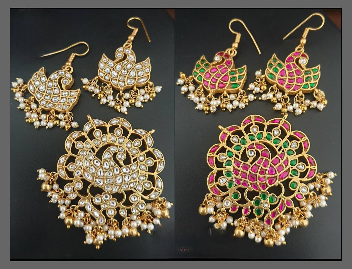 Double side Peacock Pendent and earring in Kundan - KP00156