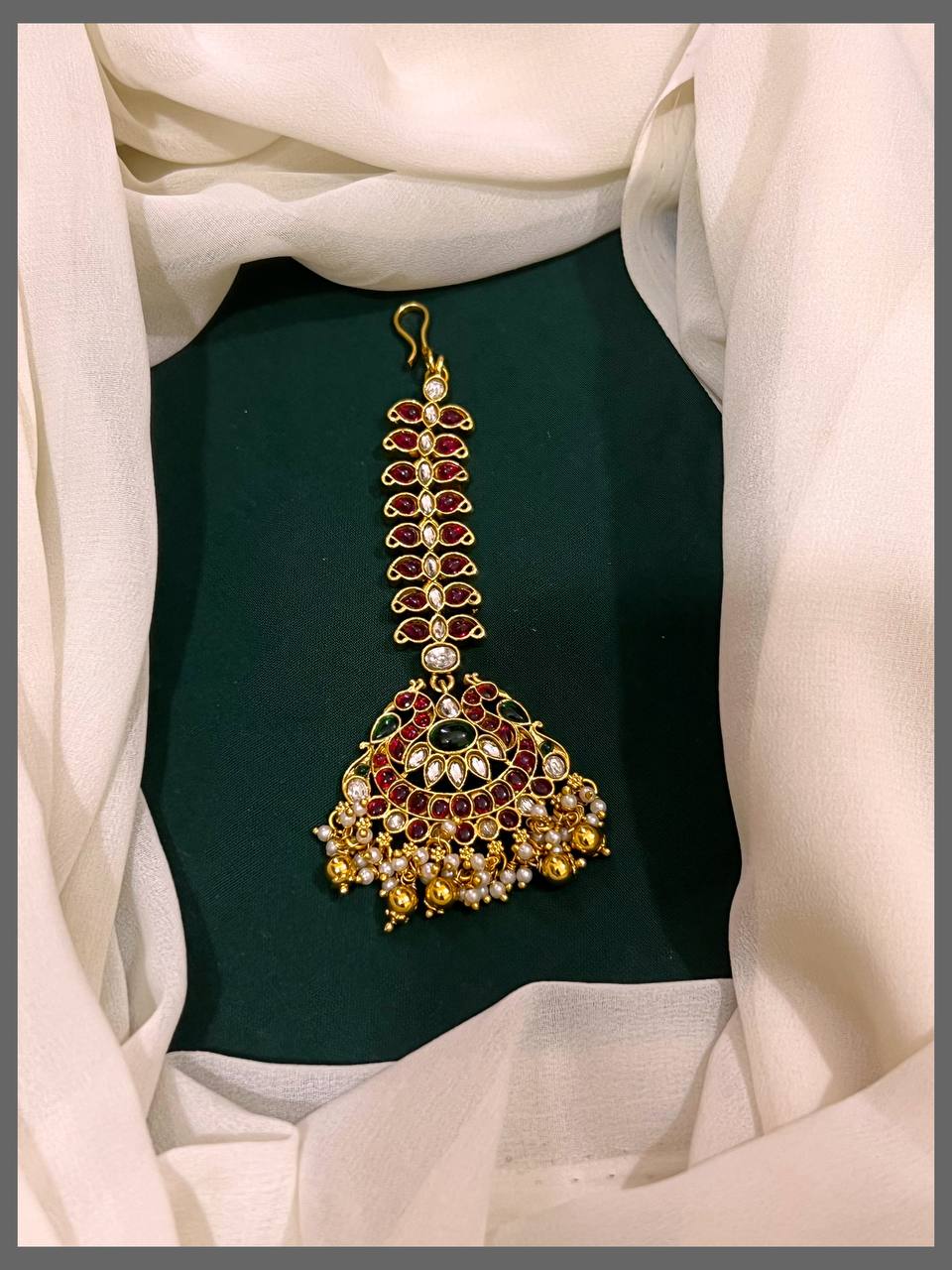 Antique Ruby Maang Tikka With Gold Beads - HA00146