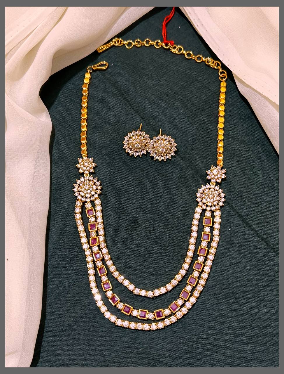 Trible Layer White Stone Necklace In Nakshi - NN00587
