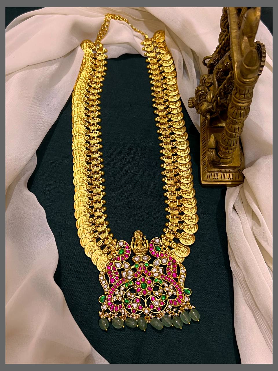 Cute Lakshmi and Peacock Pendant with Kassu Haram in Kundan - KH00328