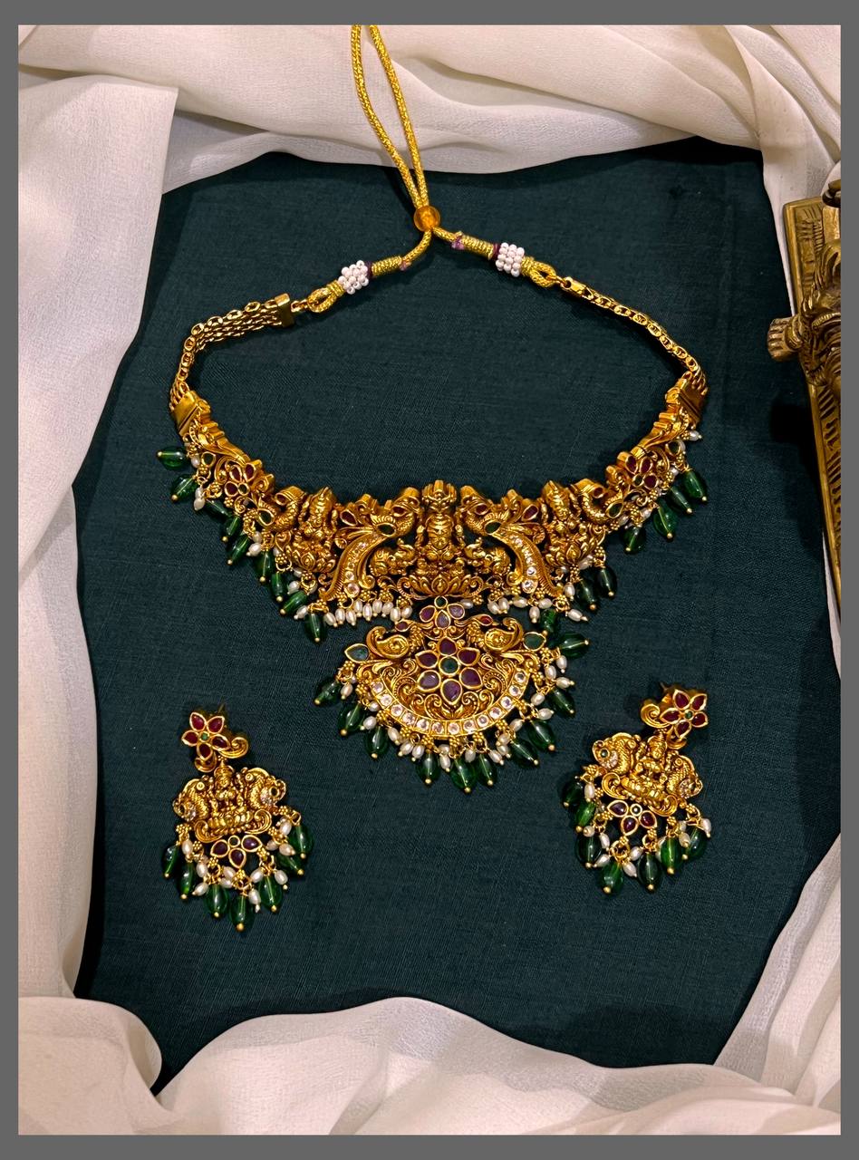 Lord Lakshmi Pendant with Peacock Necklace in Nakshi - NN00650