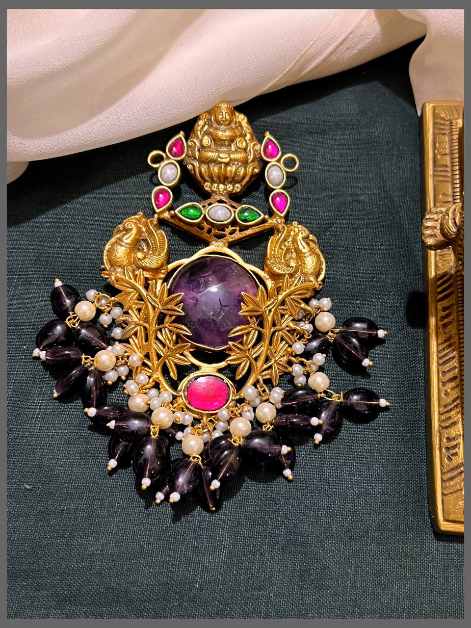 Fusion Peacock and Lakshmi Pendant in Kundan - KP00180