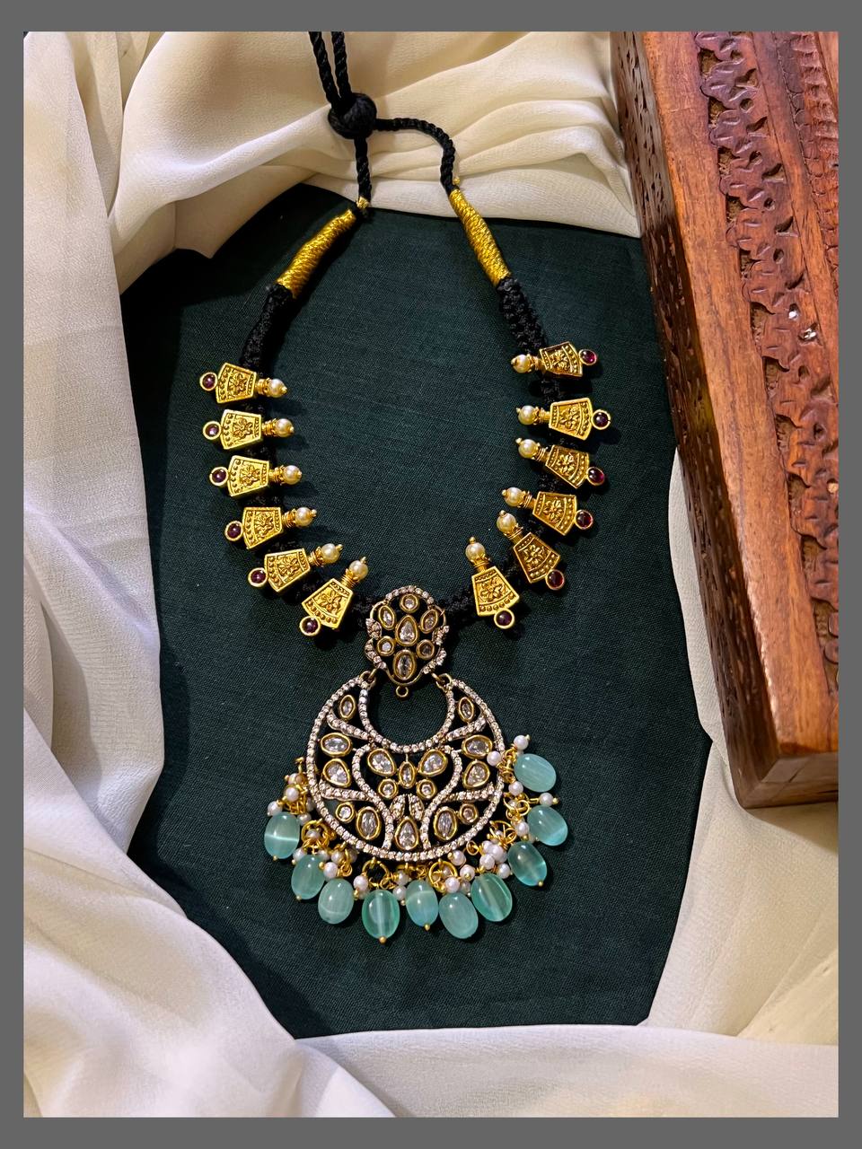 Antique Victorian Pendant with Side Nakshi Pendant in Black Dori - BD00109