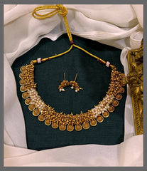 Gold and white Pearl Necklace in Nakshi - NN00764