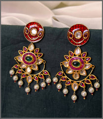 Rich Beautiful Ruby Flower Hugging Earring in Kundan - KE00559