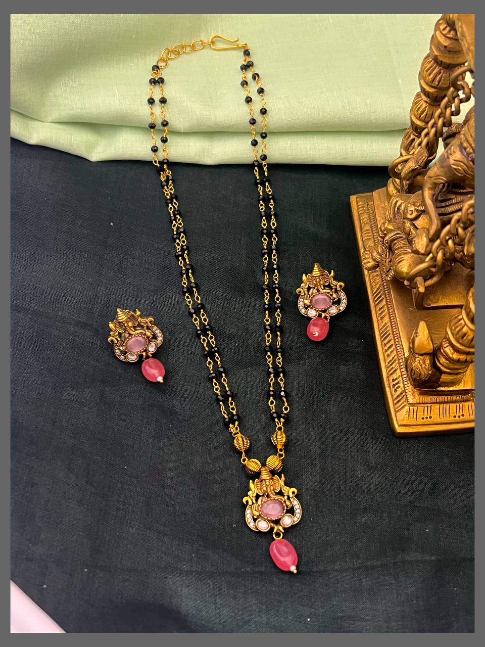 Lord Ganesh Pendant with Black Beads Haram - BD00127