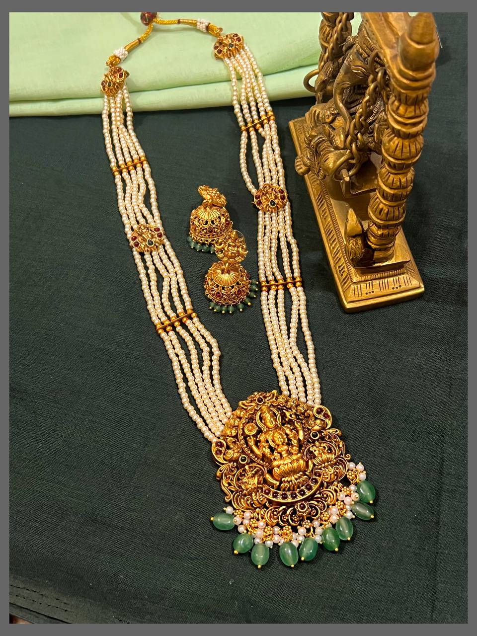 5 Layer White Pearl Haram with Lakshmi Pendant in Nakshi - PB00530