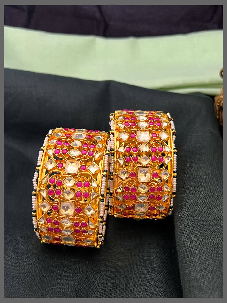 Ruby and White Stone Mozonite Bangles in Kundan - BG00602