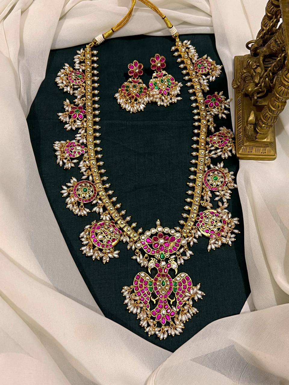 Jadau Kundan Gandaberunda Long Haram With Rice Pearls - KH00349