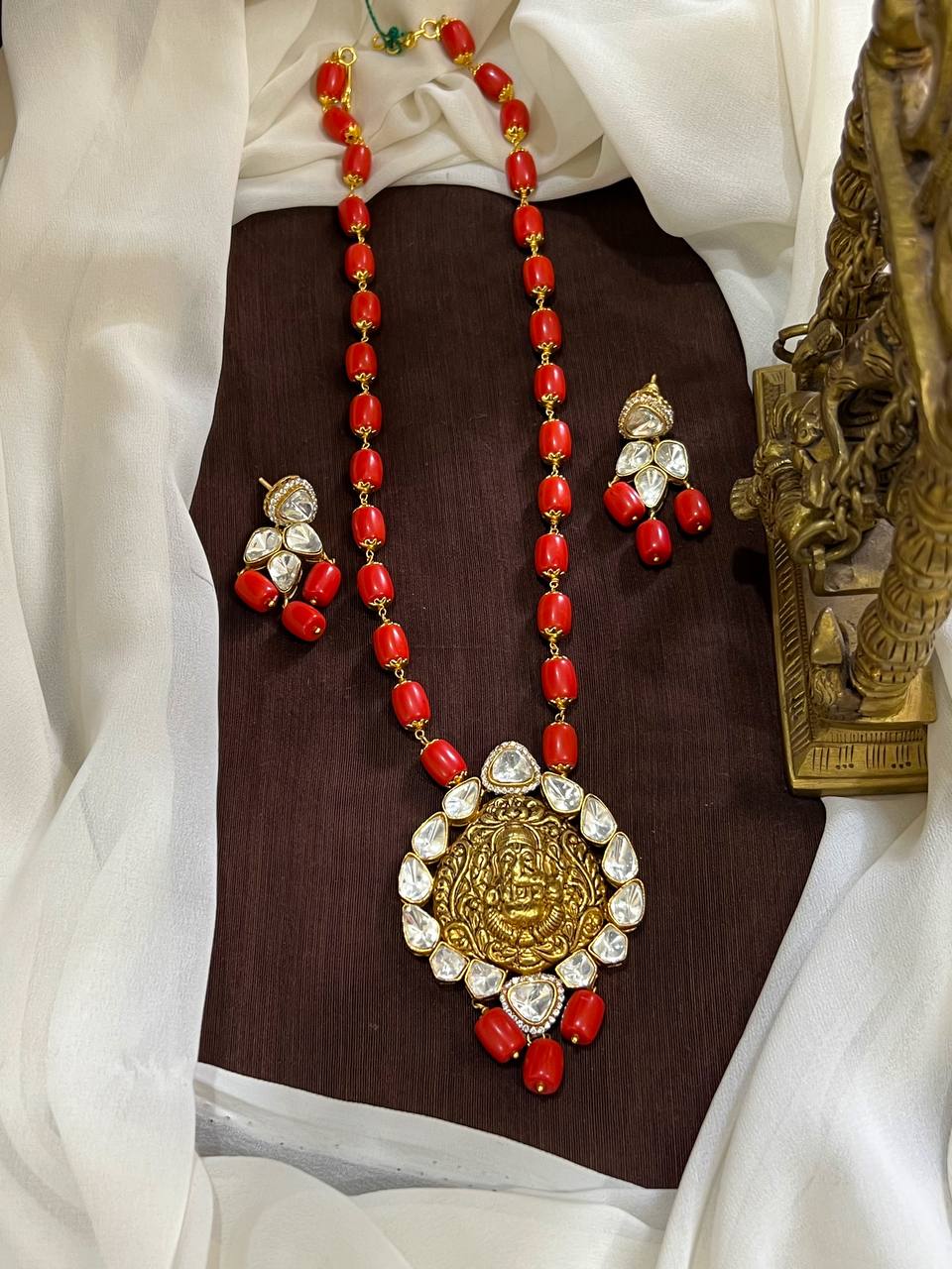 Coral Haram With Mozonite Ganesha Pendant - PB007