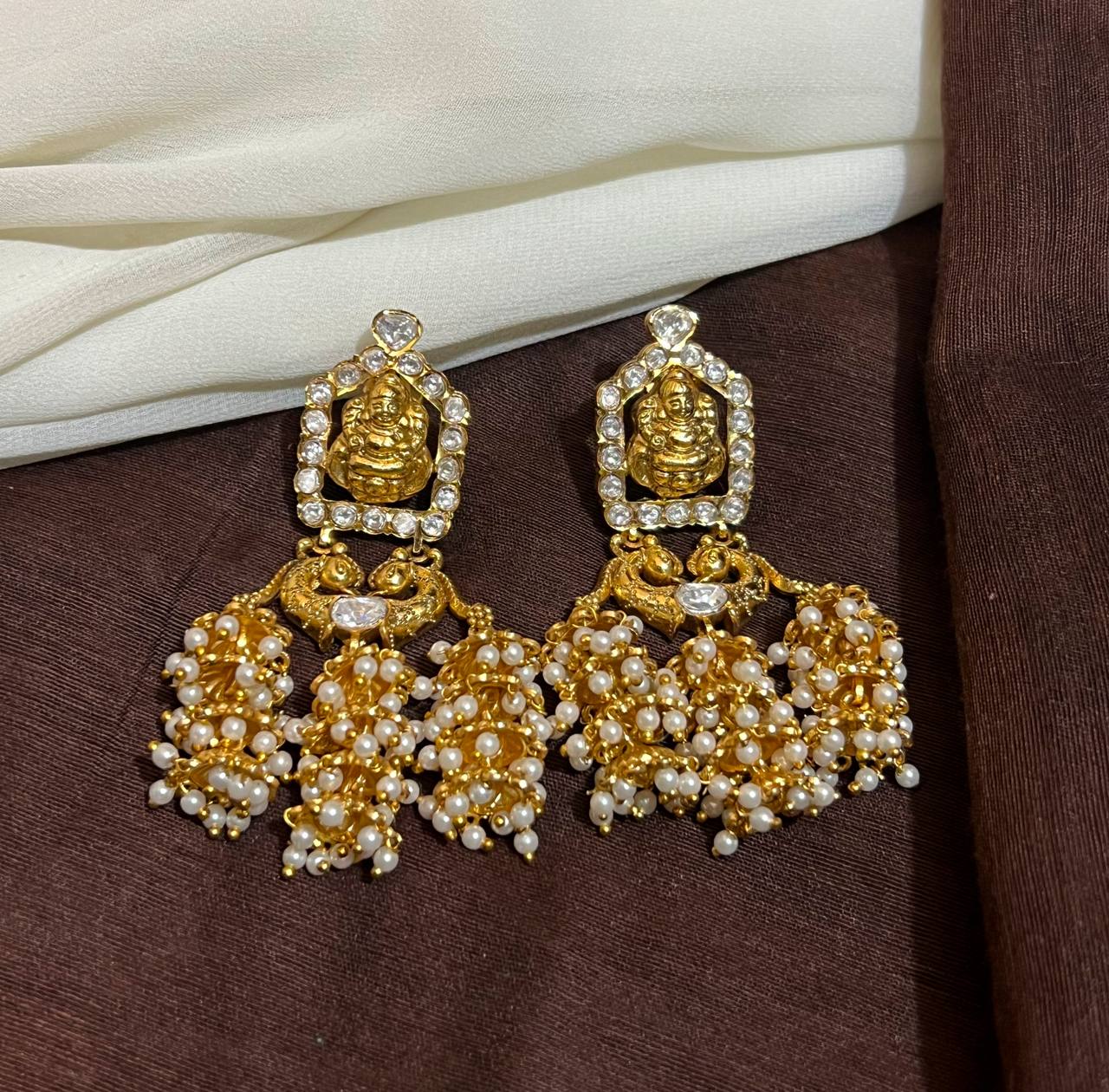 Jadau Stone Lakshmi 3 jhumki traditional earrings - KE002