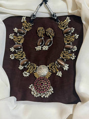 German Silver Nakshi necklace With Kempu Pendant and earrings - NN00989