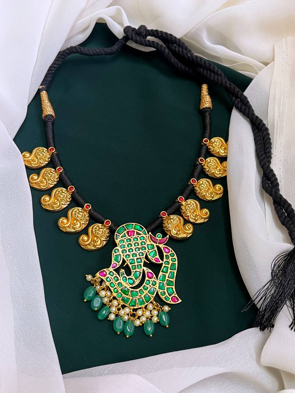 Ganesha kundan pendant with Black Mango Dori - BD008