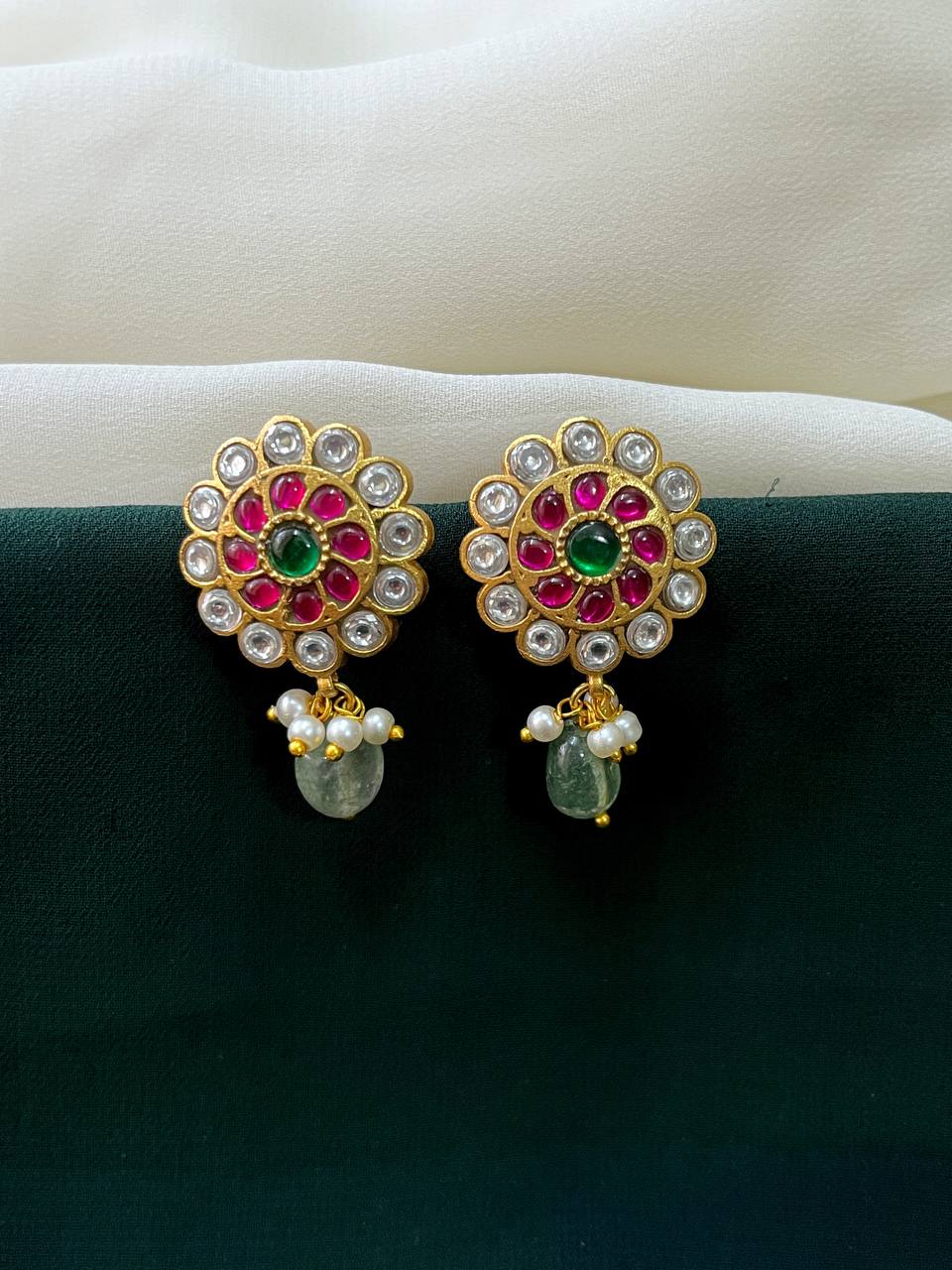 Green Pearl Flower Kundan Earrings -KE0097