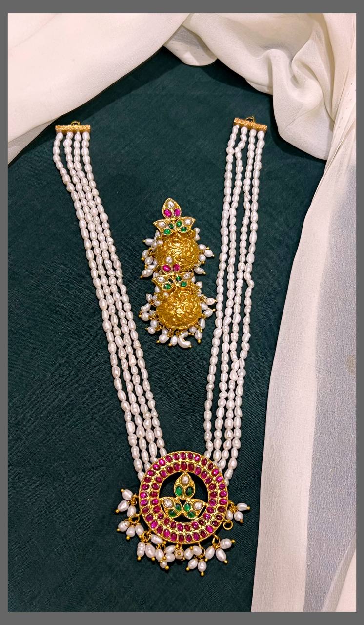 4 Layer White Pearl Haram with Kundan Pendant - PB00290