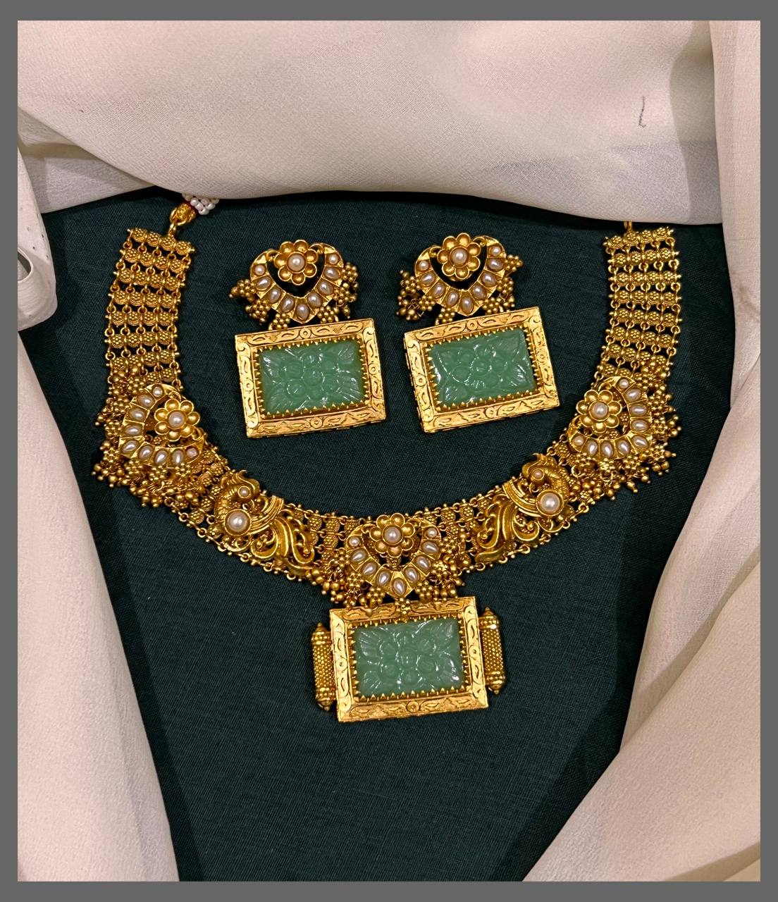 Antique Emerald with Peacock Necklace in Nakshi - NN00616