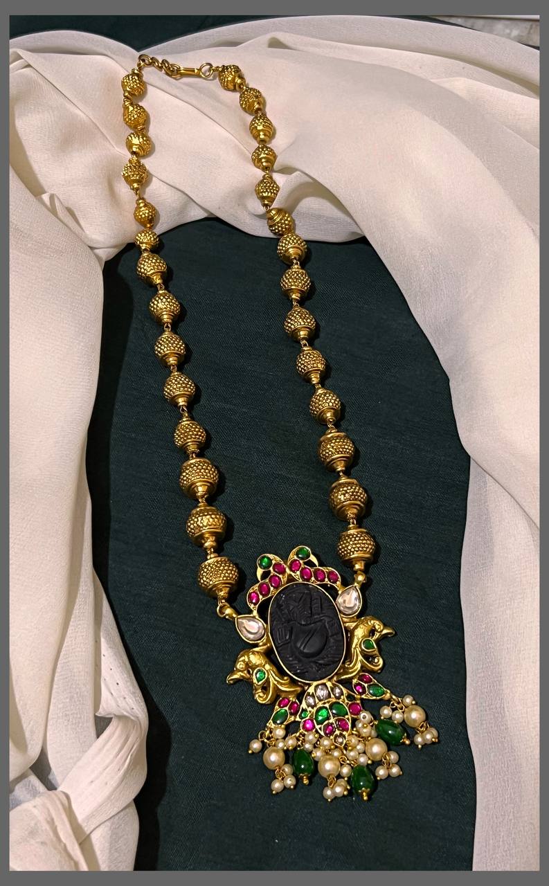 Golden Beads Haram with Lord Ganesh Pendant in Kundan - PB00416