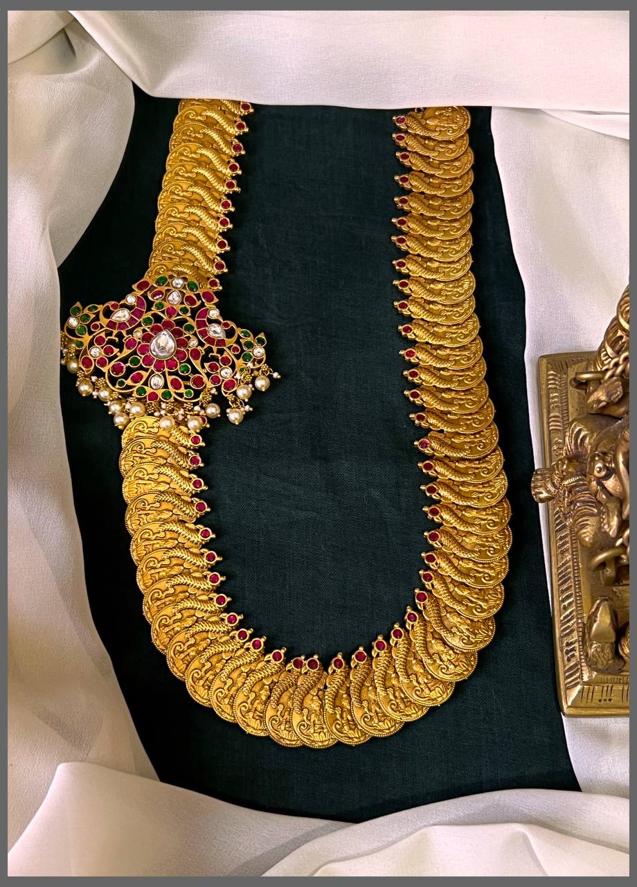 Peacock and Flower Side Kundan Pendant with Kaasu Haram - KH00340