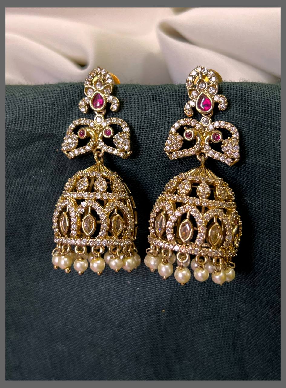 White Stone antique Jhumki Earring in Victorian - VE00221
