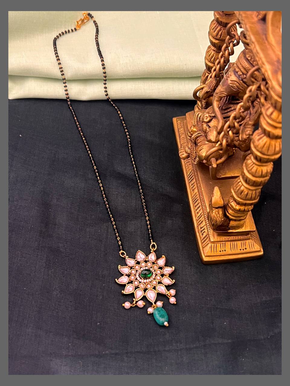 Beautiful White Stone Flower Victorian Pendant with Black Beads Haram - BD00134
