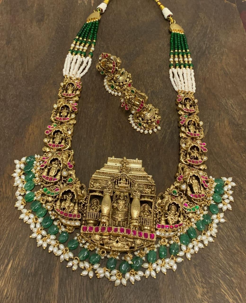 Antique Polish Jadau Lakshmi Haram With beads - PB00575