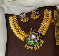 Jadau Kasu Necklace With Blue And Green Lotus Pendant - KN00666