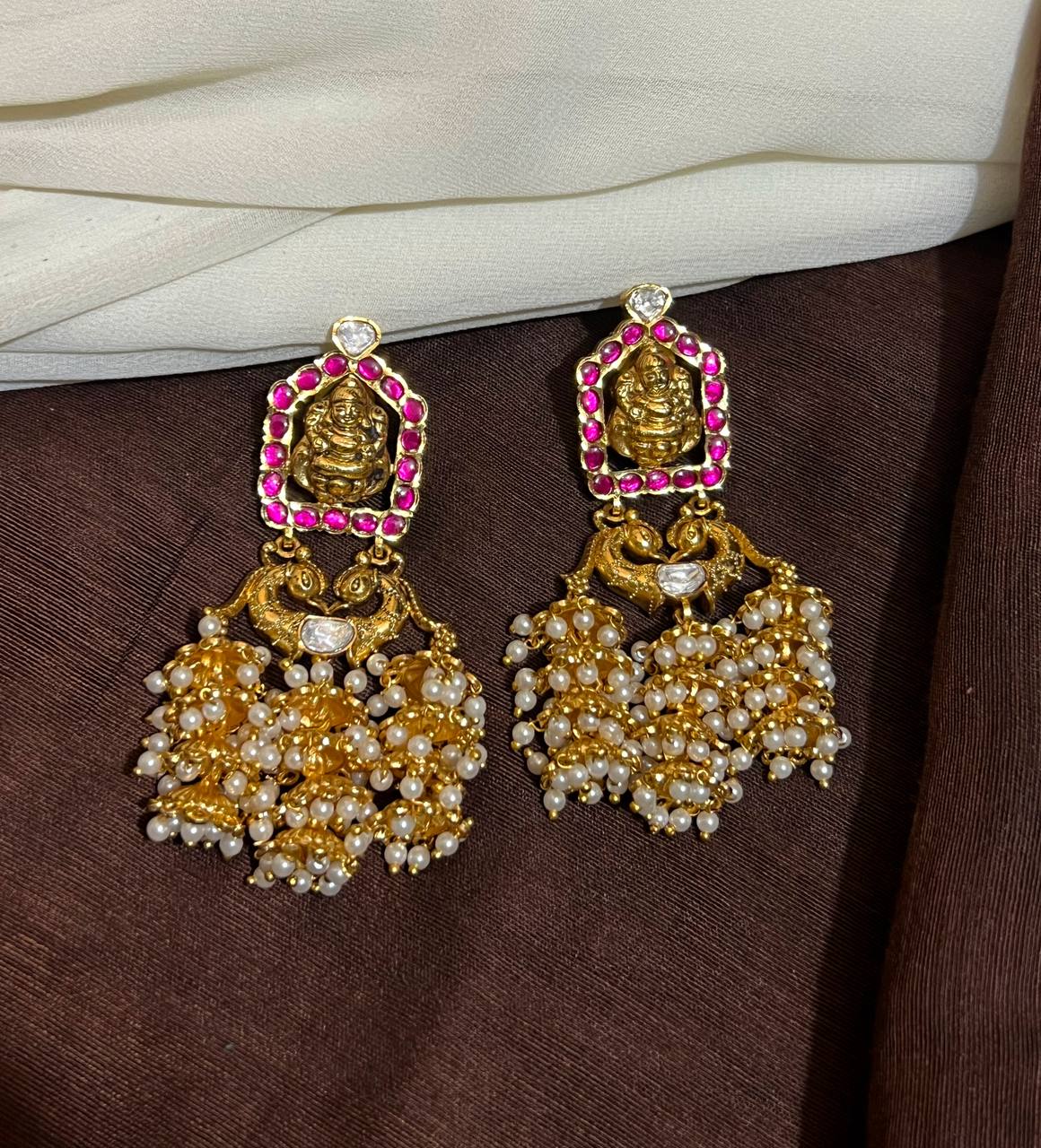 Jadau Stone Lakshmi 3 jhumki traditional earrings - KE002
