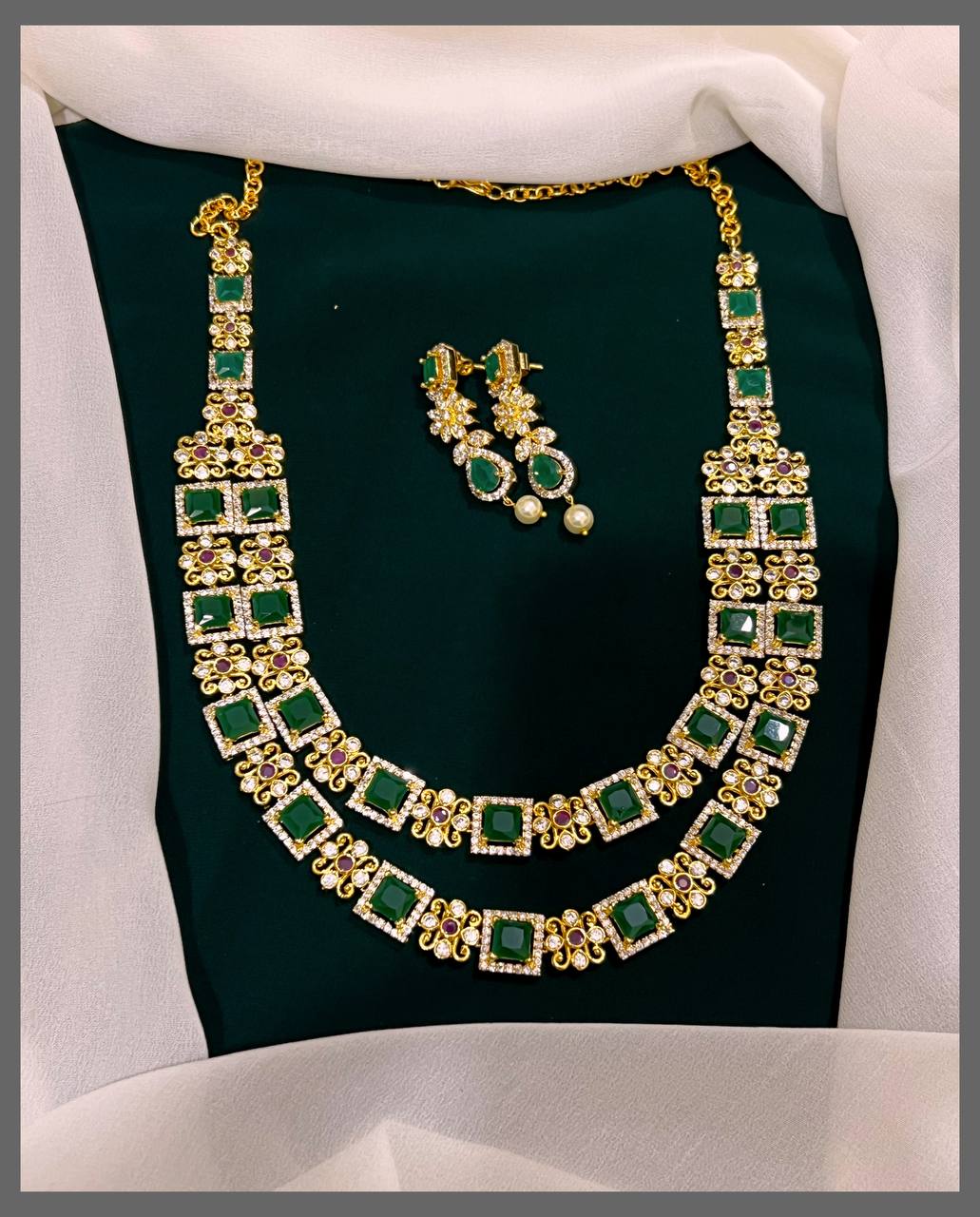 Beautiful  Emerald Stone Double Layer Necklace In Nakshi - NN00281