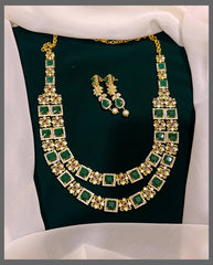 Beautiful  Emerald Stone Double Layer Necklace In Nakshi - NN00281