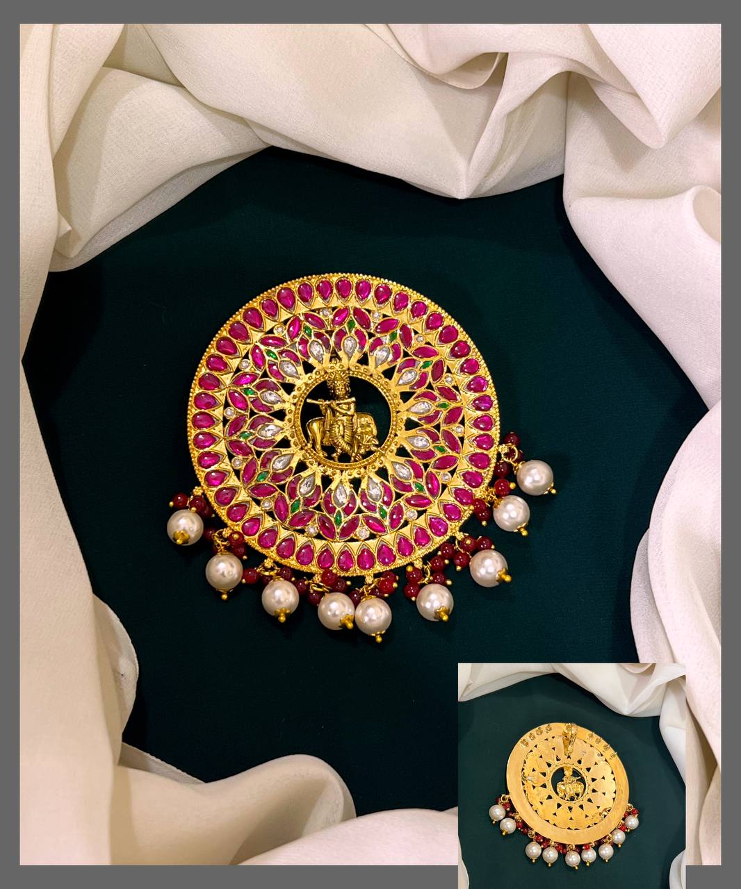 Ruby Krishna Kundan Pendent With Pearls - KP001