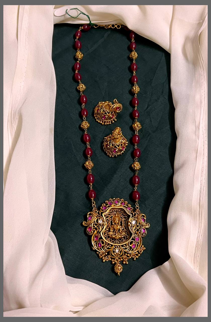 Ruby and Golden Beads with Lakshmi Pendent - PB00278
