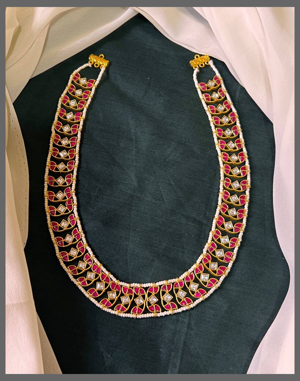 Beautiful White Pearl with Ruby Haram in Kundan - KH00317