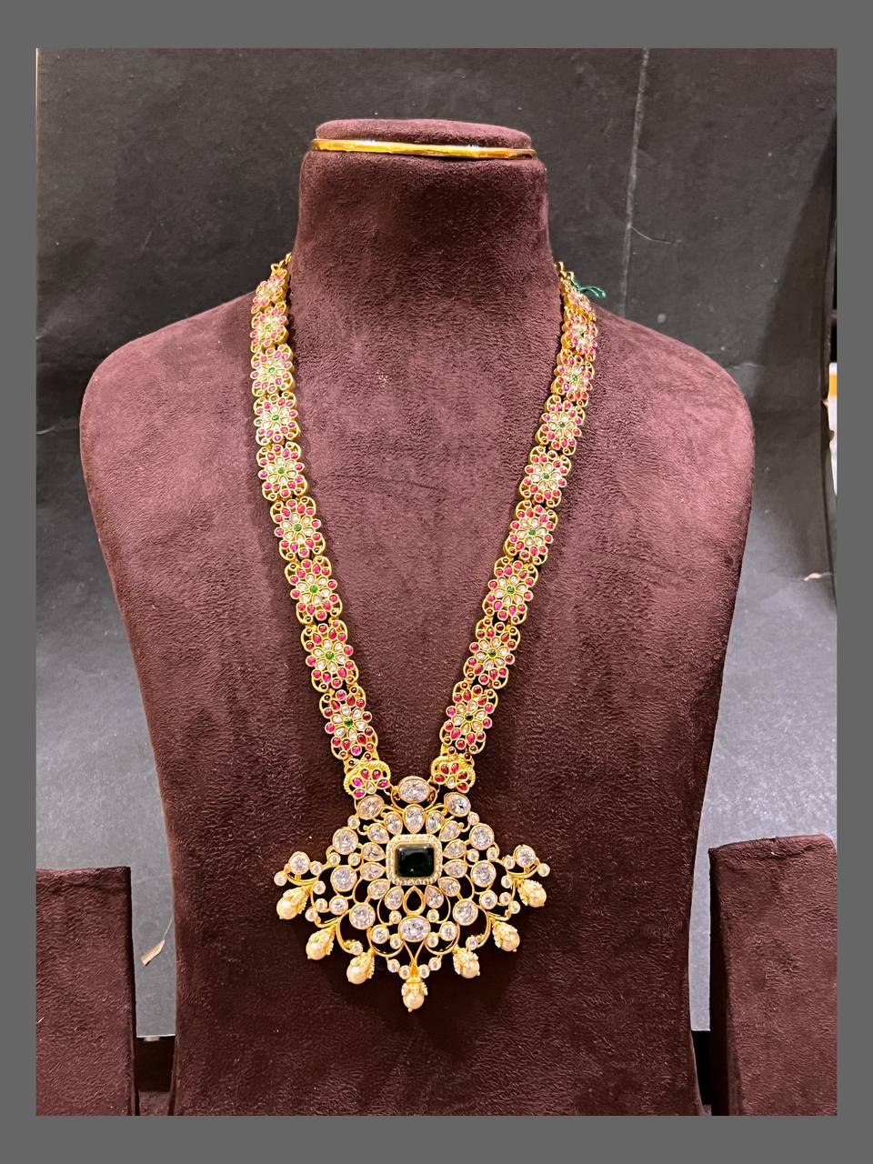 Ruby Flower Haram with Rich  Moissanite Pendant in Kundan - KH00321