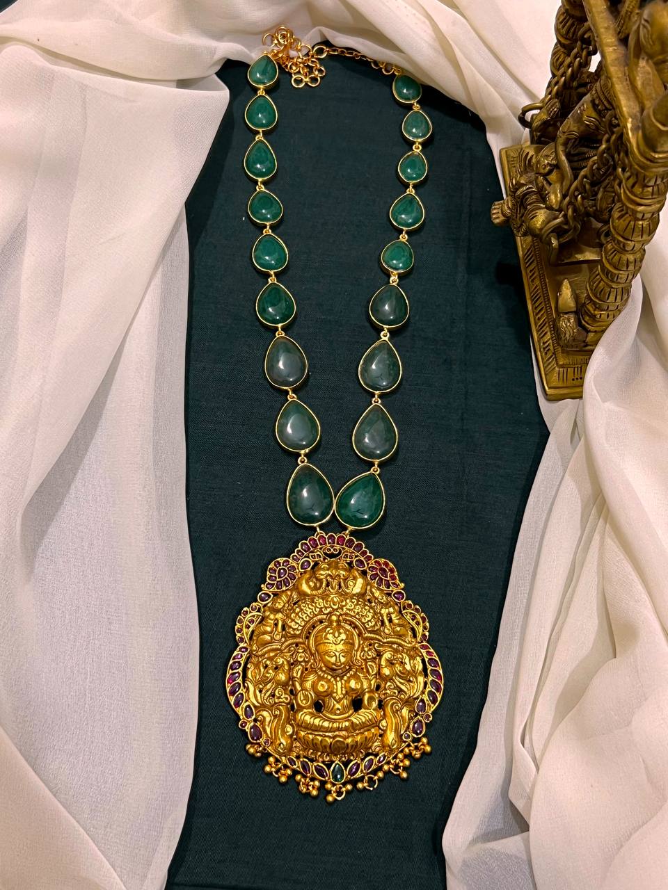 Emerald Stone Haram with Lakhsmi Pendant in Nakshi - NH00331