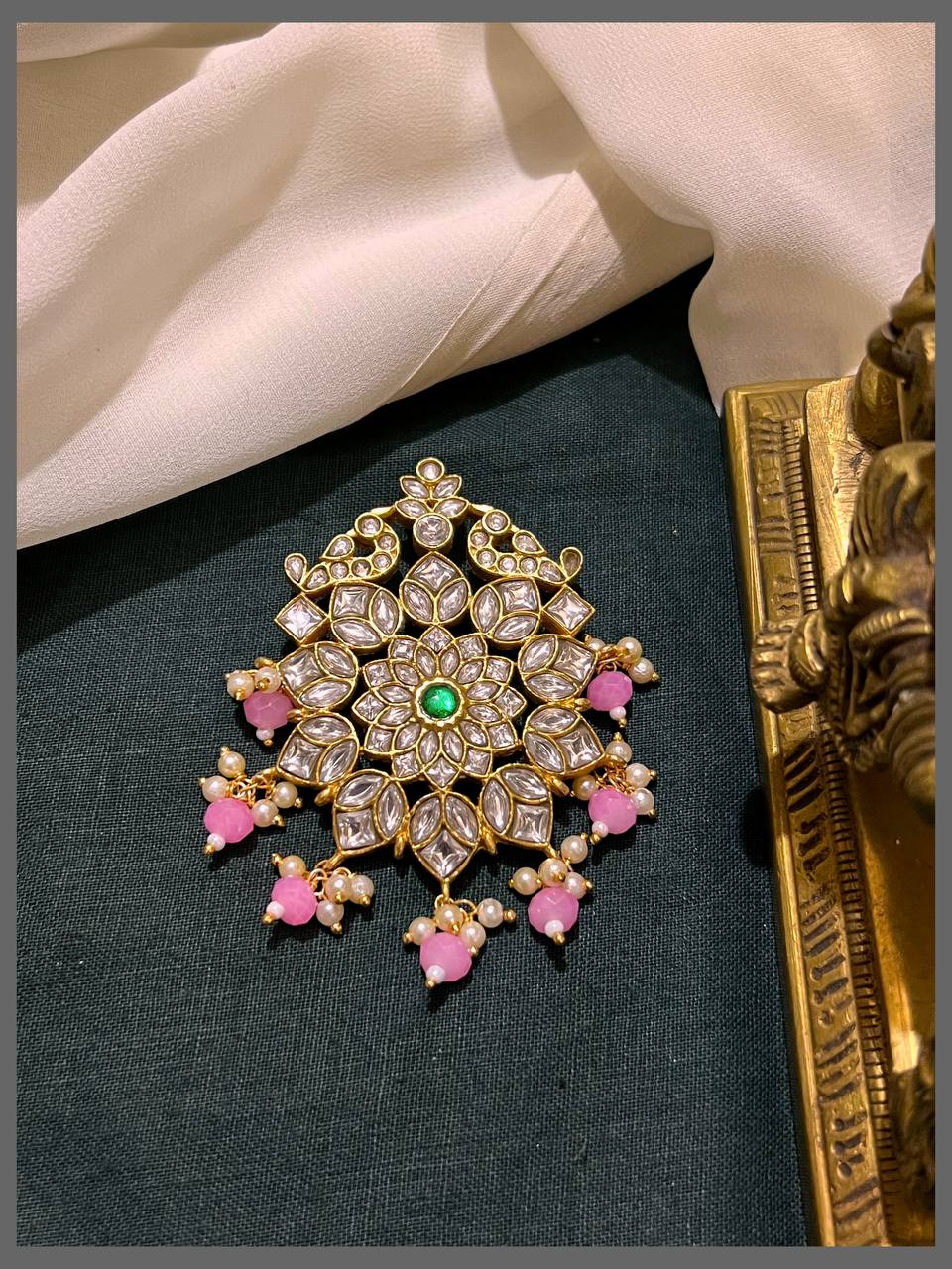 White Stone Flower with Pink Beads Pendant in Kundan - KP00181