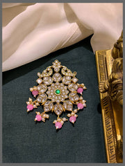 White Stone Flower with Pink Beads Pendant in Kundan - KP00181