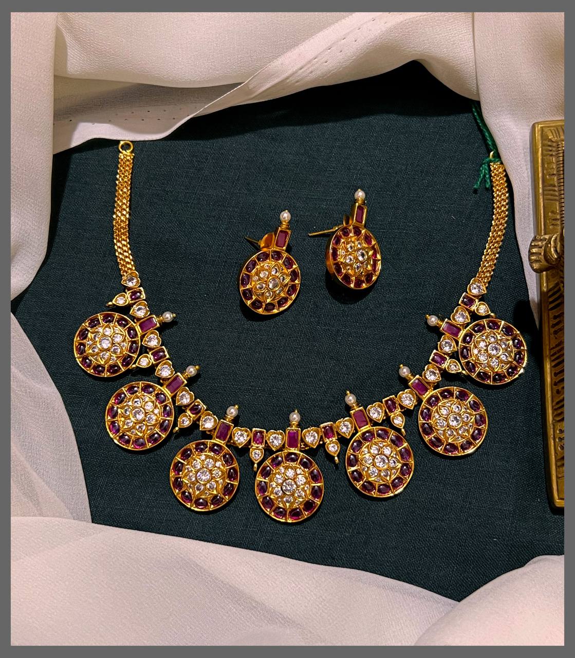 Ruby and white stone Bottu Necklace in Nakshi - NN00697