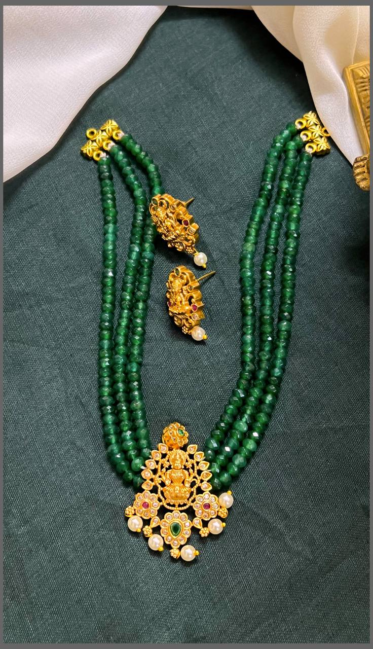 3 Layer Emerald Pearl with Lakshmi Pendant Necklace - PB00447