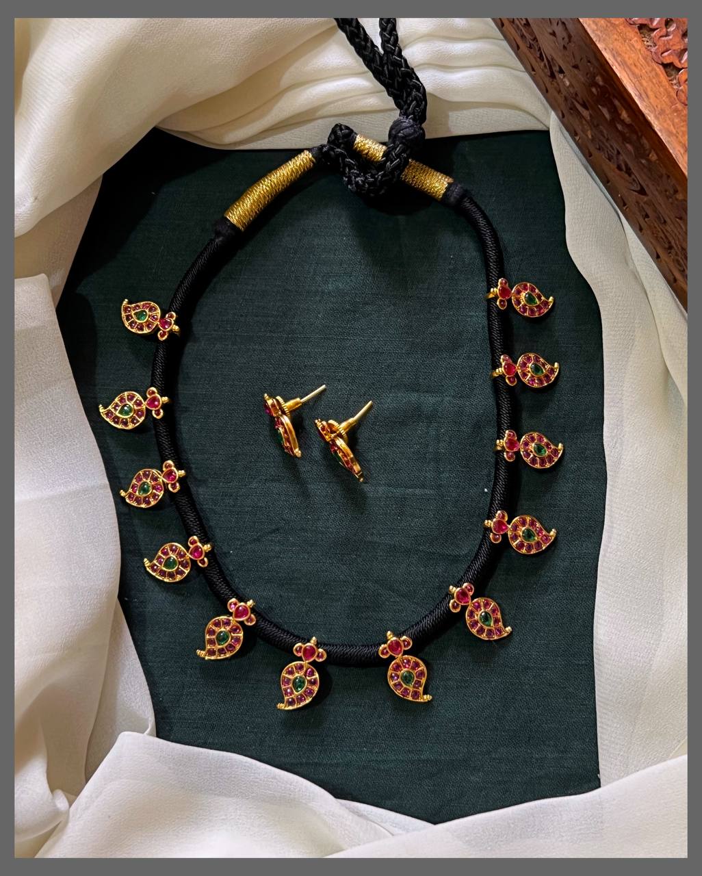 Multi Colour Mango small side Pendents Necklace in Black dori - BD00101