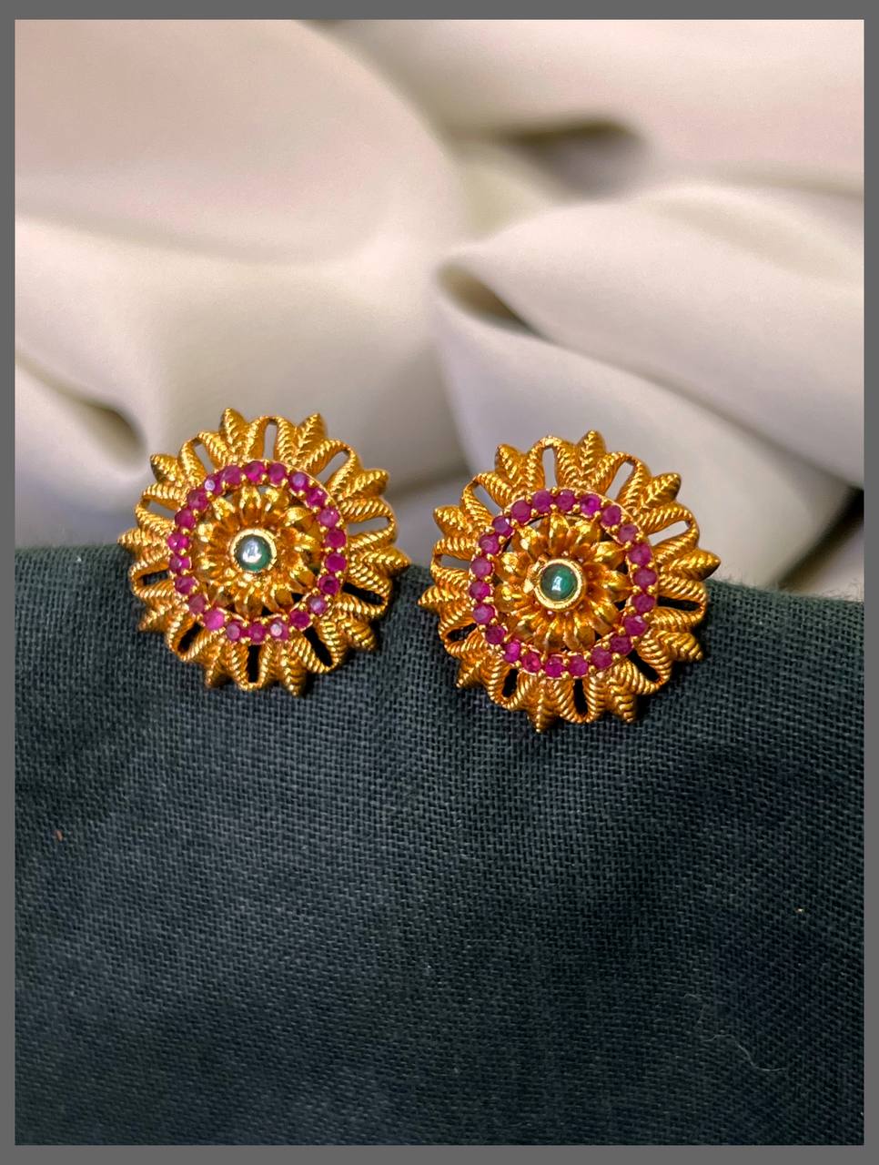 Flower Design in Small Emerald  Nakshi Earring - NE082