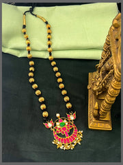 Lotus Flower Kundan Pendant with  Gold Beads and Black Haram - BD00126