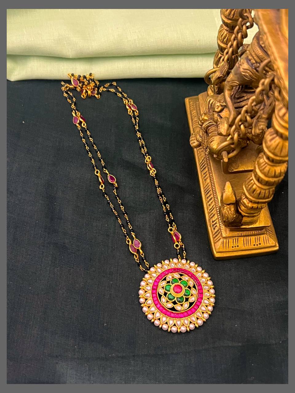 Multi Colour Pearl Flower Pendant with 2 Layer Black Beads Haram - BD00135