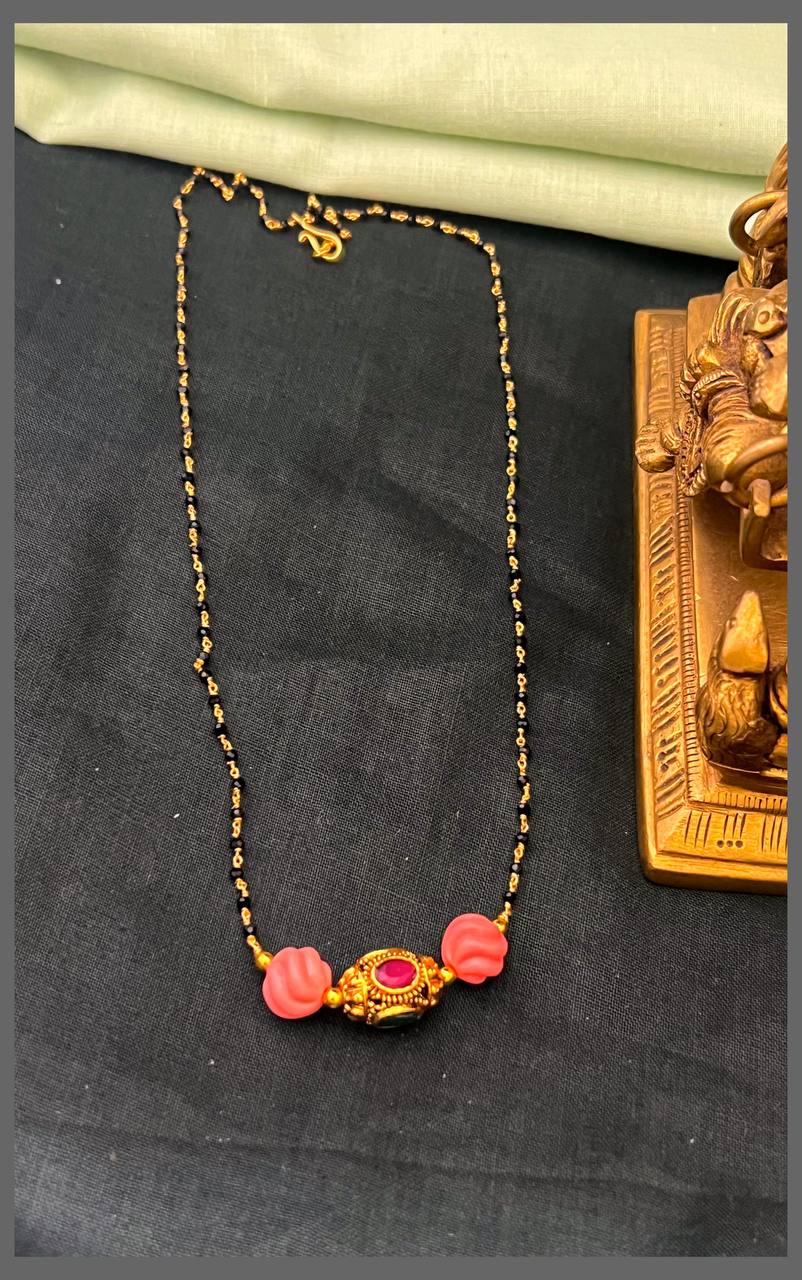 Pink Pearl with Small Nakshi Pendant with Black Beads Haram - BD00138